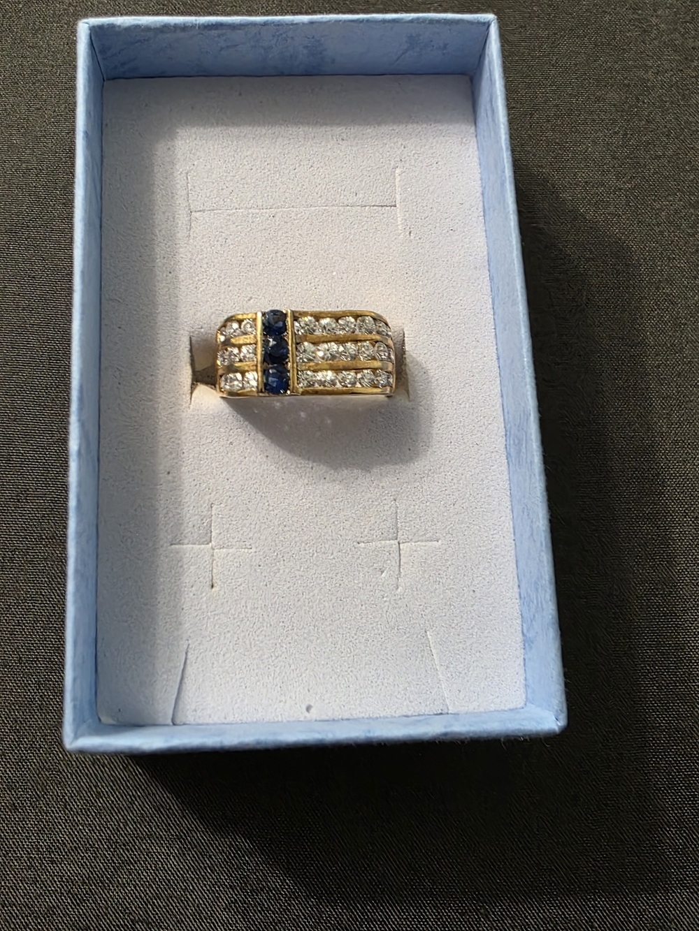 Estate Gold Tone Fashion,Signet Blue/Clear Stone Ring - Item 406